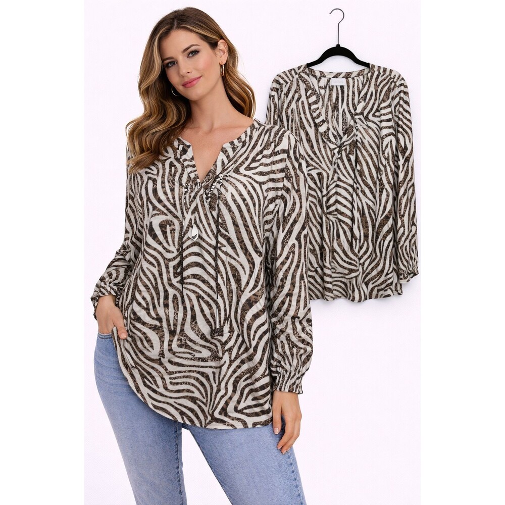 Chicos Womens Silky Tunic Top Size XL Zebra Print Tassel Tie